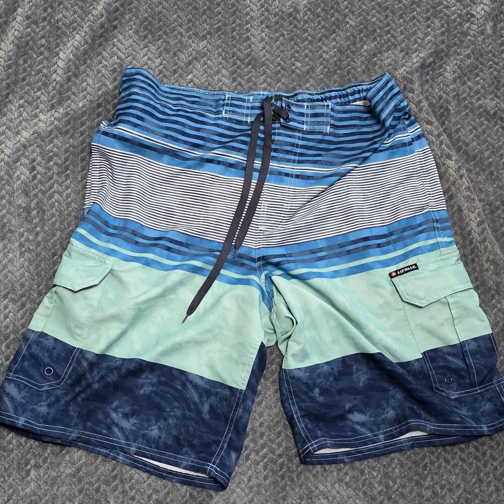 Airwalk Board Shorts Mens XL Blue Striped Swim Trunks Cargo Pockets Surf Beach